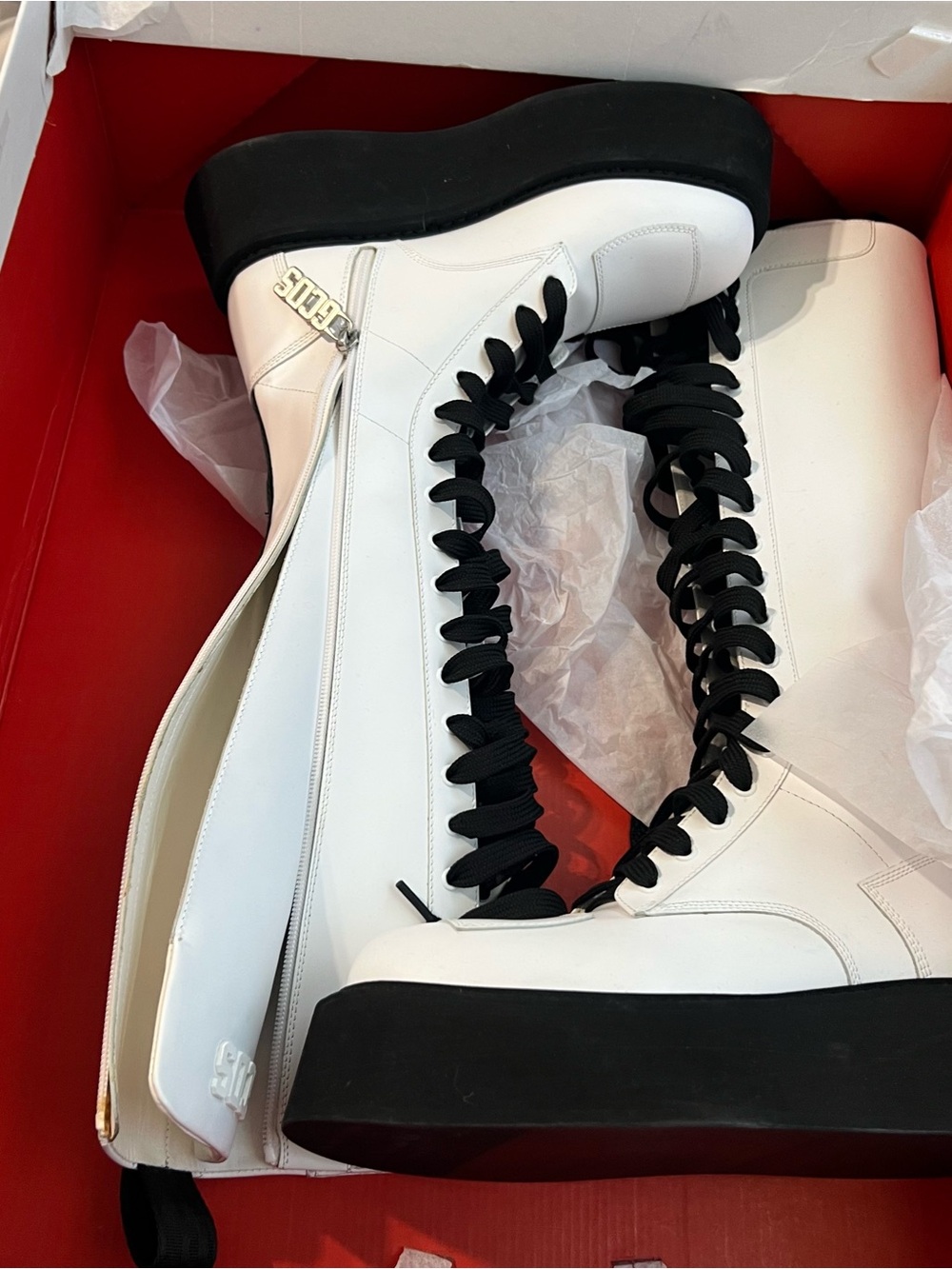 White Lace-Up Platform Boots with Black Laces - Women
